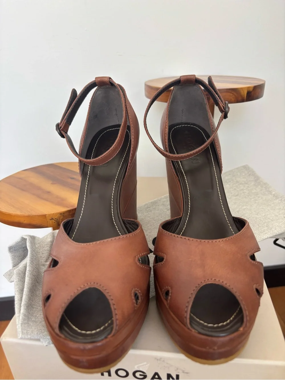 Hogan Brown Leather Wedge Sandals with Ankle Strap, sz 39 Made in Italy
